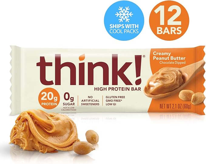 Think! Protein Bars, High Protein Snacks, Gluten Free, Sugar Free Energy Bar with Whey Protein Isolate, Creamy Peanut Butter, Nutrition Bars without Artificial Sweeteners, 1 Box (Pack of 2)
