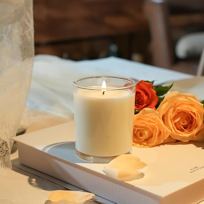 7oz Glass Candle Jars, 12-Pack Candle Jars for Making Candles, Empty Thick Glass Wide-Mouth Jars with Bamboo Lids & Wick Kits, Candle Containers Bulk - Clear