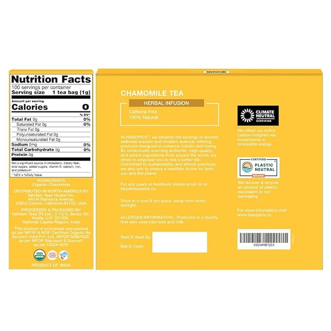 HANDPICK, Organic Chamomile Tea Bags (100 Herbal Tea Bags) Caffeine Free| Premium Floral Chamomile Herbal Tea in Eco-Conscious Teabags | Direct from Source