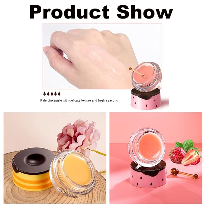 4PCS Strawberry & Bee Lip Balm Honey Pot, Vitamin E & Moisturizing Propolis Sleeping Lip Mask, Effective Reduces Lip Lines Prevention Dry and Cracked Scrubs Exfoliator Smoothing Dry Lip Care