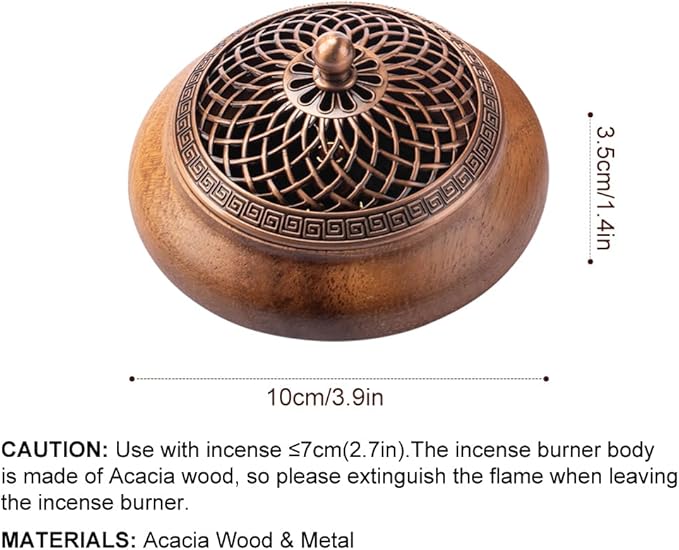 Round Incense Burner - Handcrafted Wooden Censer with Alloy Lid for Sticks/Cones/Sage, Natural Wood Aroma Tray Holder for Yoga Meditation