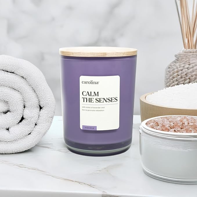 Carolina Calm The Senses Scented Candle, 16 oz Lavender & Fern Scented, 2 Wick Wellness Relaxing Candle, 60H Burn Time, Ideal for Creating a Welcoming Home - Made in The USA
