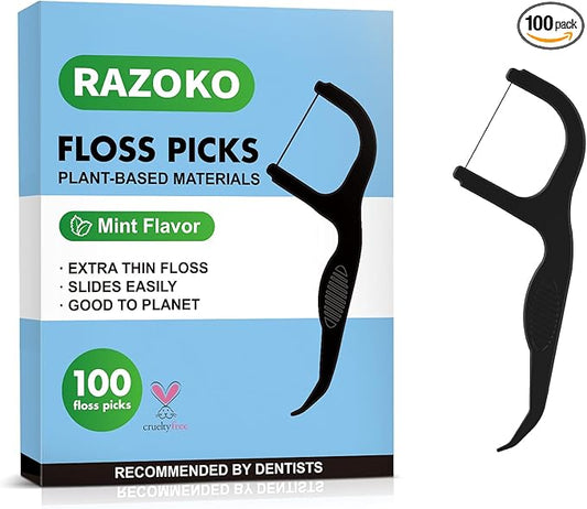 RAZOKO Biodegradable Dental Floss Picks, Charcoal Toothpick Stick Soft On Gum & Teeth, Plant Based Dental Floss Picks for Adults & Kids, 100 Count Mint