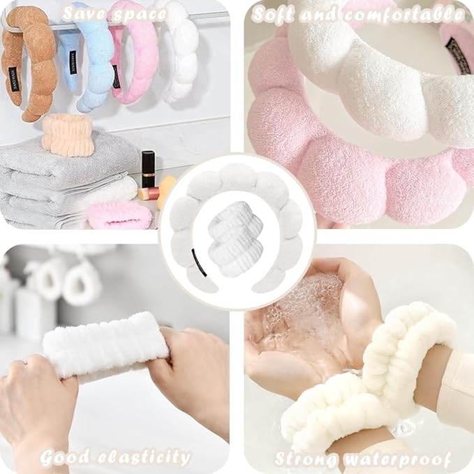 Spa Headbands for Washing Face Wristband Set Sponge Makeup Skincare Headband Wrist Towels Bubble Soft Terry Towel Cloth Hairband for Women Puffy Headwear Non Slip Thick Thin Hair Headwear (White)