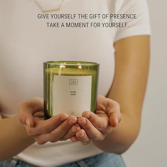 Craft & Kin Green Scented Candles | 12oz Premium Nordic Cedar Fall Scented Candles for Men | Made with Natural Soy | Gifts for Men and Women | Nature Collection
