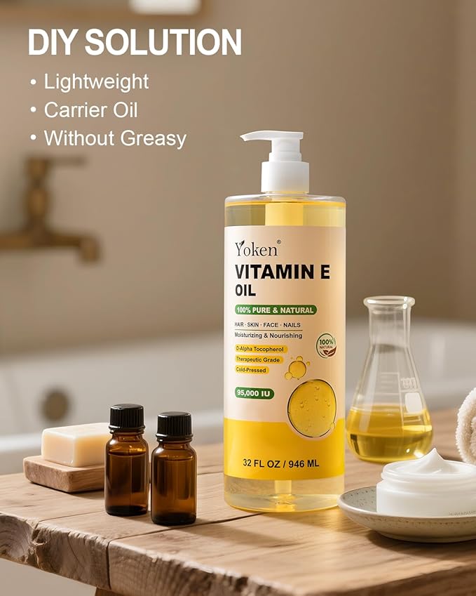 Vitamin E Oil 32 Fl Oz Organic Vitamin E oil for Skin 95,000 IU Vitamine oils for Scars Hair,Face,Nail,Scalp Perfect DIY Bath and Body Oil Cold Pressed Hexane Free Non-GMO Gluten Free Formula