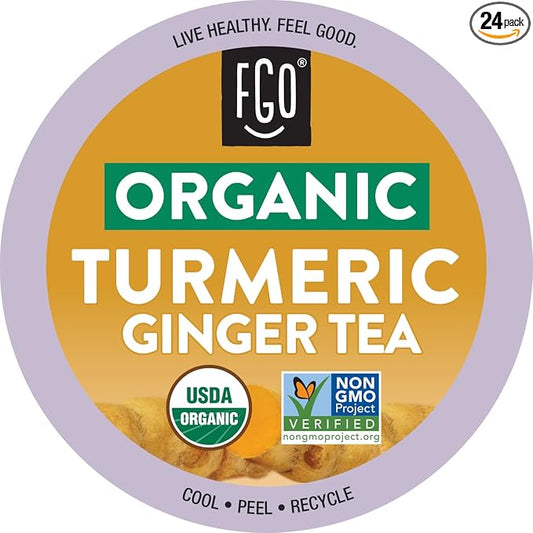 Organic Turmeric Ginger Tea K-Cup Pods, 24 Pods by FGO - Compatible with Keurig - Naturally Caffeine-Free Herbal Tea, Premium Green Tea is USDA Organic, Non-GMO, & Recyclable