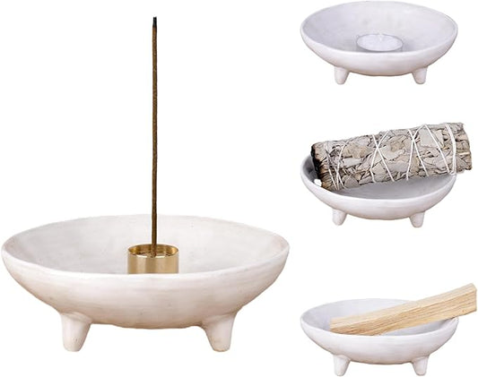 Incense Holder, Handmade Ceramic Incense Burner, 4.25-Inch Bowl with 9-Hole Design, Tripod Stability, Ash Catcher, Ideal for Meditation, Yoga, SPA, Heat-Resistant & Easy to Clean (White)