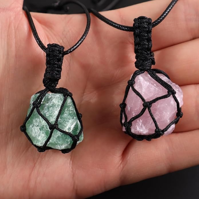 Handmade Natural Gemstone Crystal Pendant Necklace Stone Holder Necklace Cord Net Necklace with Adjustable Length for Women Men