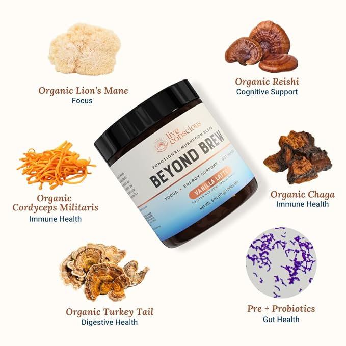 Beyond Brew Vanilla Latte Coffee Alternative - Mushroom Complex w/Lion’s Mane, Reishi, Cordyceps & Chaga for Sustained Focus, Energy & Immunity Support. Prebiotics & Probiotics Support Gut Health, 30