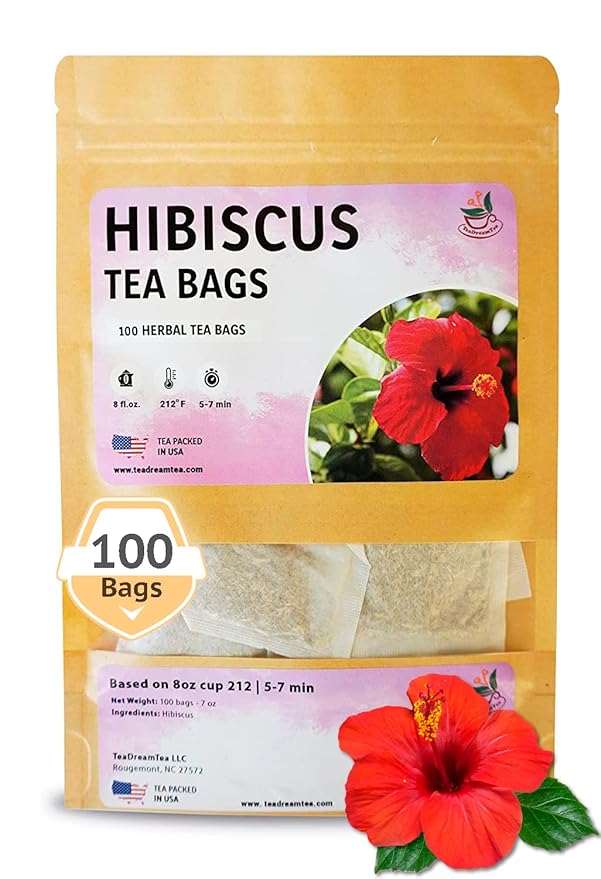 TeaDreamTea Hibiscus Tea Bags | 100 Bleach-Free Tea Bags | Caffeine Free | Dried Hibiscus Flowers | Hibiscus Flower Tea | Dried Flower Tea | Brew Hot or Iced |Herbal Hibiscus Tea