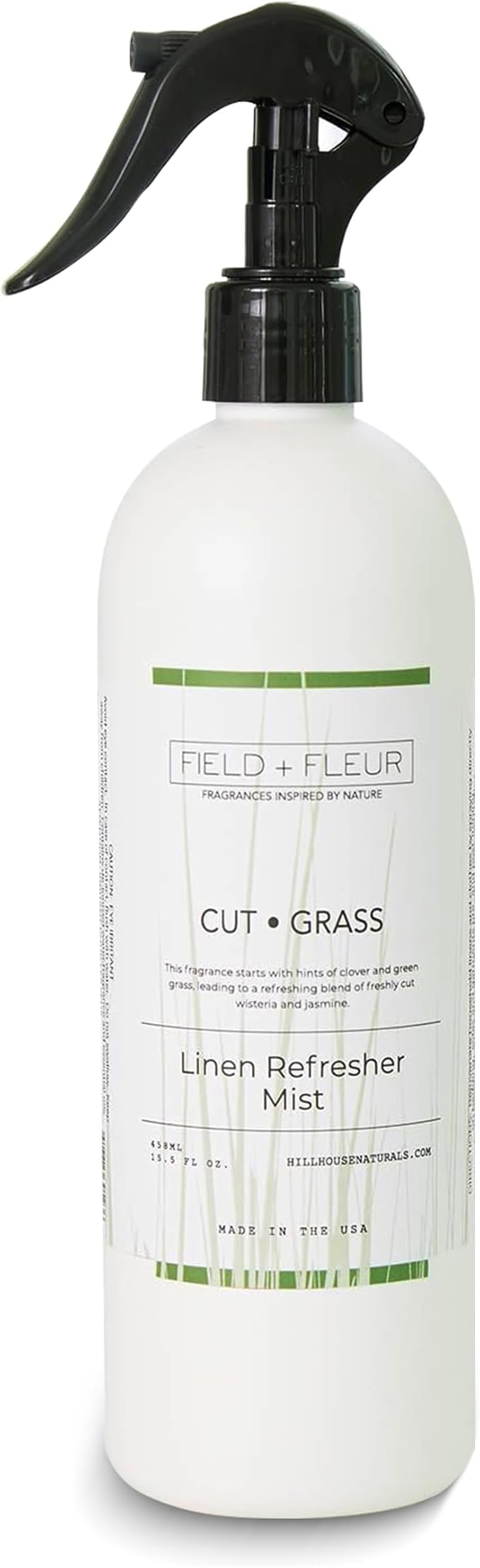 FIELD FLEUR Cut Grass Linen & Room Spray 15.5 oz - Aromatic & Refreshing Bedding & Fabric Mist - Air Freshener for Clothes & Sofas - Notes of Clover, Green Grass, Wisteria & Jasmine - Made in USA