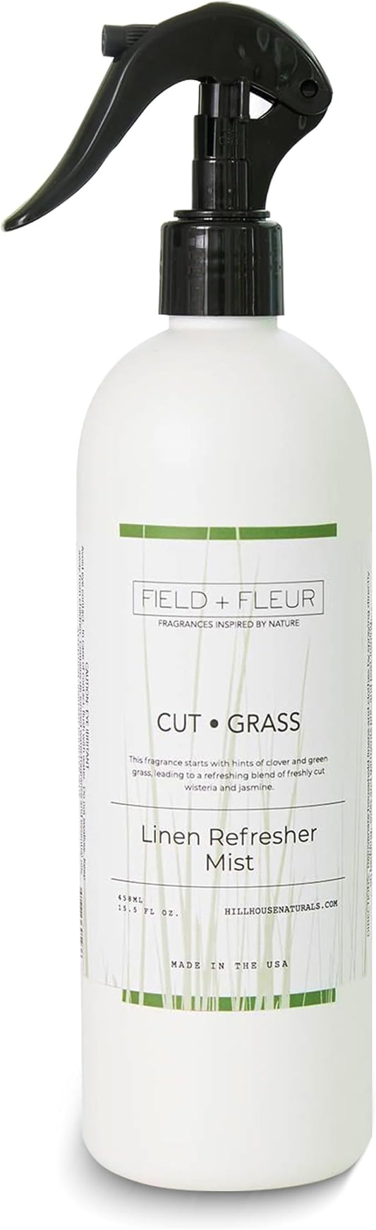 FIELD FLEUR Cut Grass Linen & Room Spray 15.5 oz - Aromatic & Refreshing Bedding & Fabric Mist - Air Freshener for Clothes & Sofas - Notes of Clover, Green Grass, Wisteria & Jasmine - Made in USA