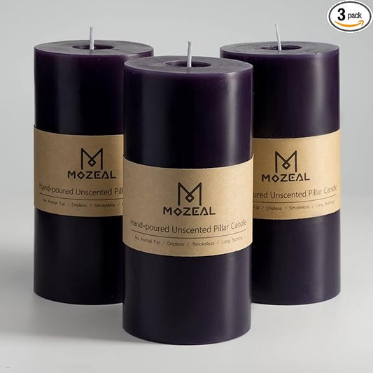 MOZEAL 3" x 6" Hand-poured Unscented Candle,Dripless Pillar Candle Set of 3,Long Lasting Burning,Approx 120 Hours Burn Time,Rustic Country Style,for Wedding,Dinner,Christmas and Home Decor,Dark Purple
