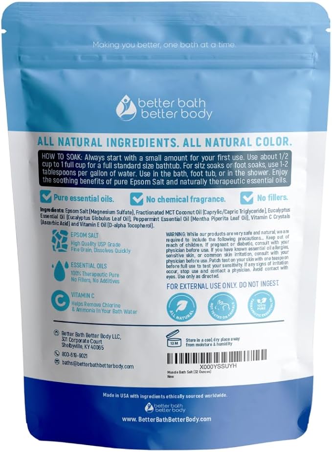 Muscle Soak Bath Salt 32 Ounces Epsom Salt with Natural Peppermint and Eucalyptus Essential Oils Plus Vitamin C in BPA Free Pouch with Easy Press-Lock Seal
