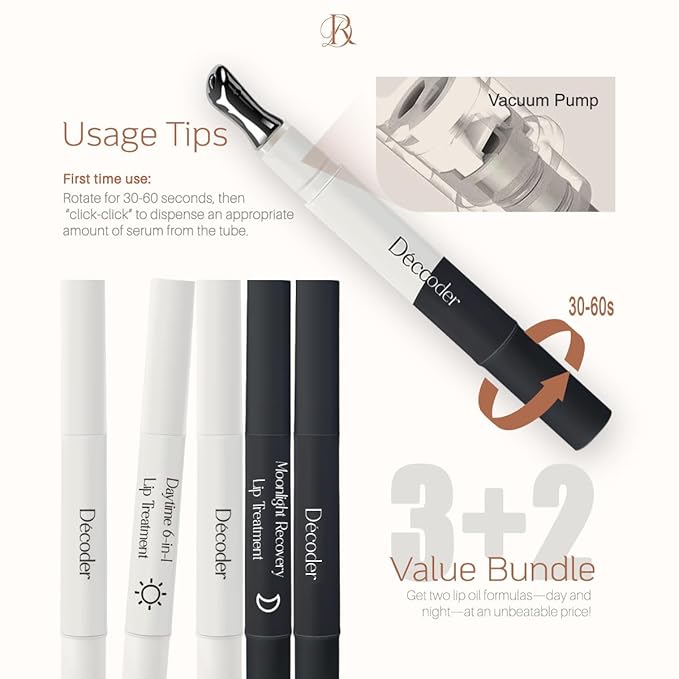 Decoder Day & Night Lip Care Set | 3 Lip Oils + 2 Night Lip Balms | Glossy Finish, Fast-Absorbing, Repair and Deep Nourishing | Stainless Steel Applicator, Vegan-Friendly, 5 x 0.05Oz