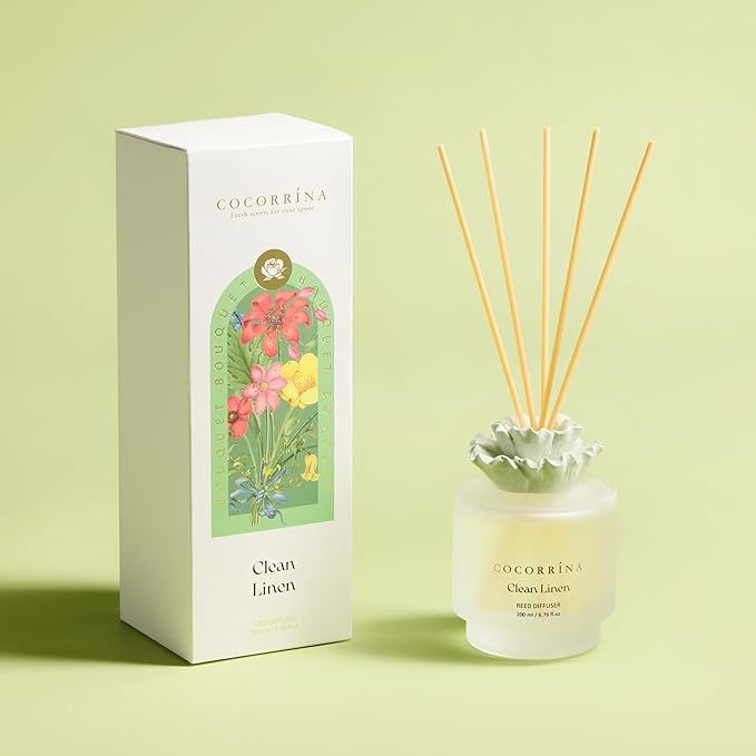 COCORRÍNA Gypsum Flower Reed Diffuser Set for Bathroom Décor – Clean Linen Scent, 6.76 oz with Sticks & Oil – Home Fragrance for Bathroom & Living Space