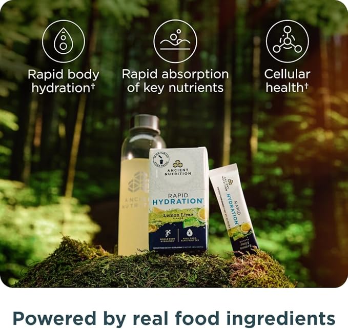 Ancient Nutrition Rapid Hydration Powder, Lemon Lime, Electrolytes from Natural Sea Salts and Red Marine Algae, Supports Rapid Body Hydration and Cellular Health, 15 Servings