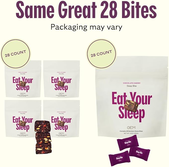GEM Sleep Aid, Nighttime Bite, Melatonin Free, L-Theanine, Magnesium, Valerian Root Extract | Vegan and Gluten Free | Earthy Chocolate Cherry (28 Pack)
