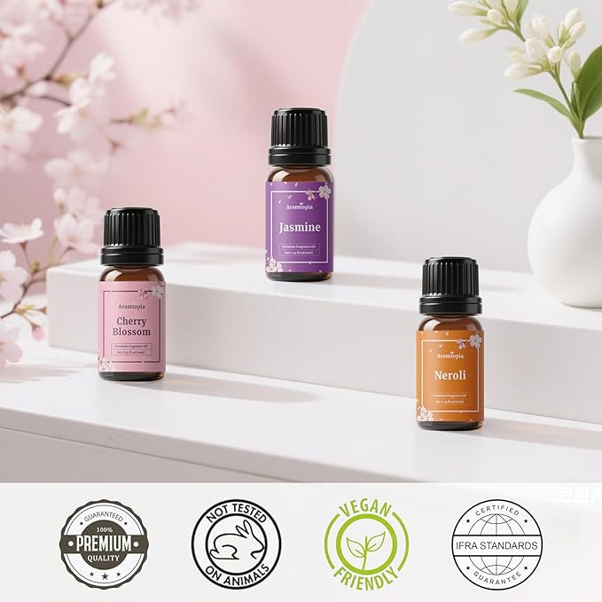 Floral Fragrance Oils, Aromtopia Flowers Essential Oils for Diffusers for Home, 6x10ml, Fragrance Oil for Candle Soap Making, Lavender, Rose, Gardenia, Cherry Blossom, Jasmine, Neroli