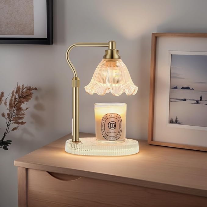 Candle Warmer Lamp with Timer,Electric Candle Warmer,Glass Base with Anti Slip Pads,Dimmable,Adjustable Height,Wax Warmer Lamp,Glass Lampshade,Vintage Home Decor (Flower)