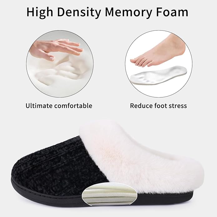 Evshine Warm Knit House Slippers for Women Comfy Wool-Like Lined Chenille Slippers with Memory Foam and Indoor Outdoor Soles
