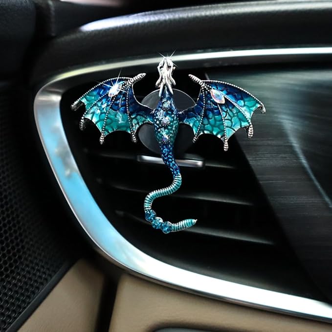 Bling Wyvern Car Air Freshener Vent Clips,2pcs Alloy Blue Enamel Dragon Vent Clips Car Accessories,Refillable Car Diffuser with Felt Mads,Coffee Fragrance Tablets