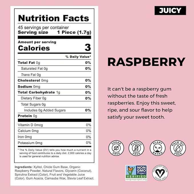 Refresh Gum, Xylitol, Natural, Sugar Free, Chewing Gum, Plastic Free, Natural Flavors & Organic Ingredients, Non GMO, Gluten Free, Vegan, 12 Count (Pack of 5), Raspberry