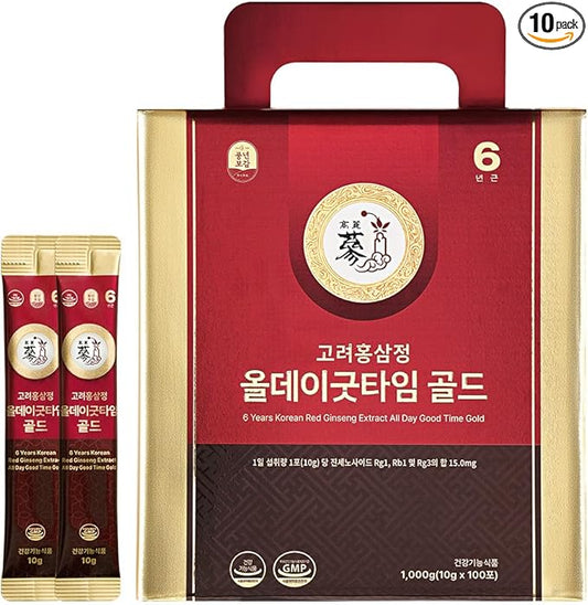 6-Year Korean Red Ginseng Extract Shot, HACCP Certified, Caffeine Free, Formulated with 12+ Traditional Korean Herbal Ingredients -Parent (100sticks, AlldayGoodtimeGold)