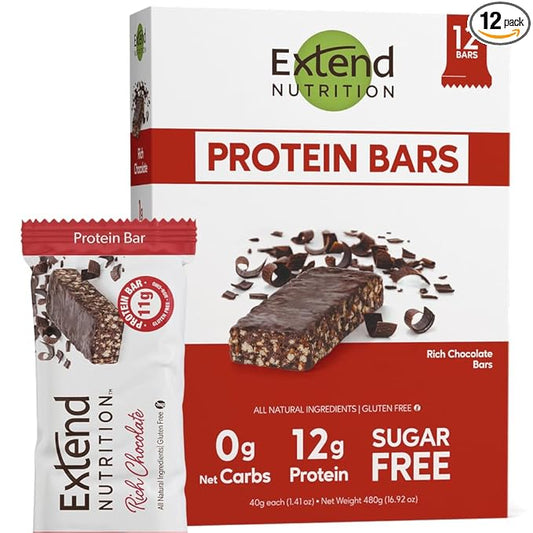 Extend Nutrition Sugar Free High Protein Bars, Perfect Sugar Free Snacks for Diabetes, Protein Bars for Hunger Control & Steady Energy, Low Carb, Keto, Intermittent Fasting, Rich Chocolate, 12 Count