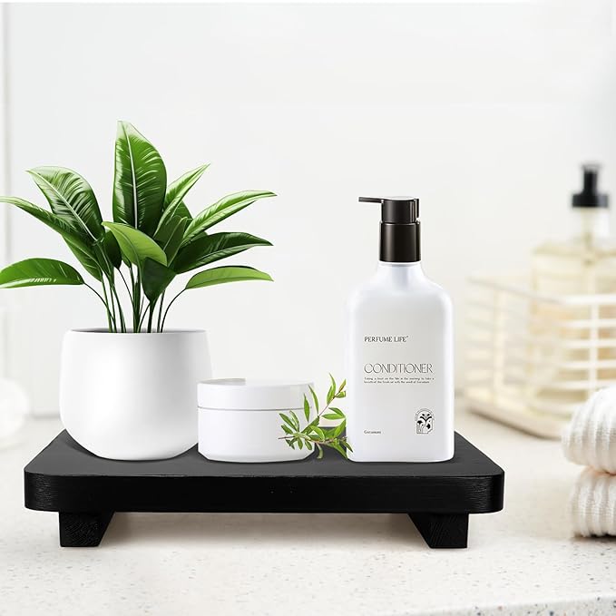 Black Bathroom Counter Organizer Wood Risers Display Pedestal Stand Farmhouse Wooden Dish Soap Dispenser Holder for Bathroom Decor Kitchen Countertop Trays Kitchen Sink Accessories Vanity Tray