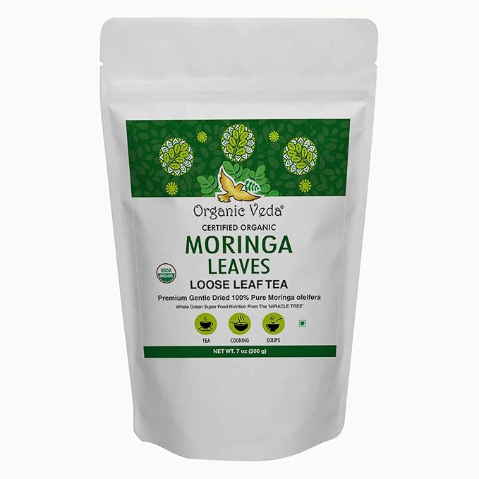 Organic Veda Moringa Tea Leaves - 100% Organic Dried Leaves - Moringa Oleifera Loose Leaf for Herbal Tea - Antioxidants Rich, Naturally Boosts Energy, Supports Digestion & Immune System - 7oz
