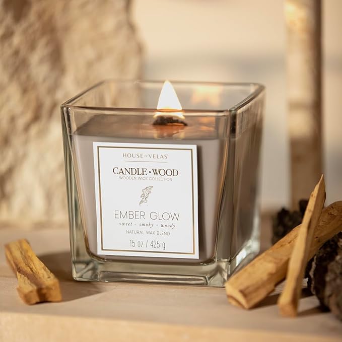 Candle Wood Collection, 15 oz, 1 Wooden Wick, Ember Glow, Square Glass Jar Candle