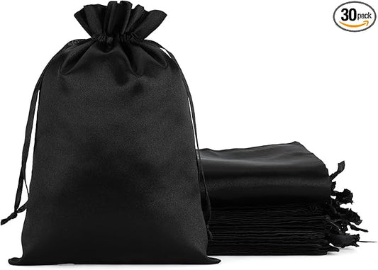 Black Satin Cloth Gift Bags, 30Pcs 6x9 with Drawstring, For Wedding, Birthday, Halloween Party, or Bachelor Party Favors, Alcohol Bottle, Tarot Journal, Oracle Cards, Bridesmaids