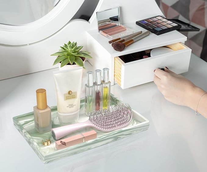 Bathroom Tray,Goporcelain Marble Tray for Bathroom Counter Decor Ceramic Perfume Organizer Vanity Tray for Dresser Jewelry Dish Key Plate Marble Sink Trays Countertop Organizer Holder (Green, Large)