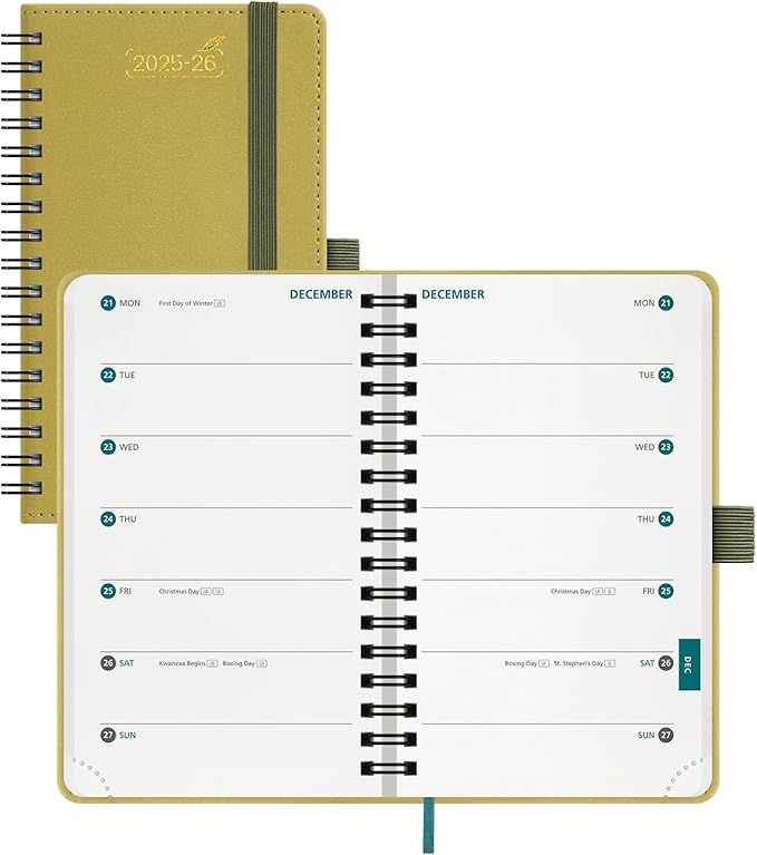 BEZEND Pocket Planner 2026 Weekly and Monthly (3.5" x 6"), 2-Column Calendar Book for Purse (Jul 25-Dec 26), Dual Schedule for Daily Appointment, Spiral Bound, PU Leather Softcover, Mustard