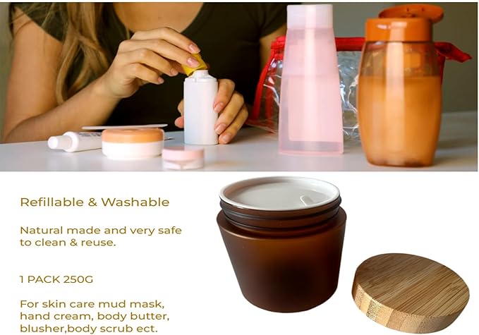 Empty Bamboo Lid Jar 8oz/250g,Refilable Plastic Round Cosmetic Containers for Powder,Body Butter,Cream,Lotion,Wide Mouth Makeup Sample Storage Pot Dispenser Brown