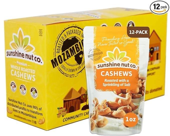 Sunshine Nut Company Whole Roasted Lightly Salted Cashews, Sprinkling of Salt Flavor, 12-Pack, 1.05 oz., Gluten Free, Peanut Free and Vegan Individual Snack Packs for Kids and Adults, GMO Free