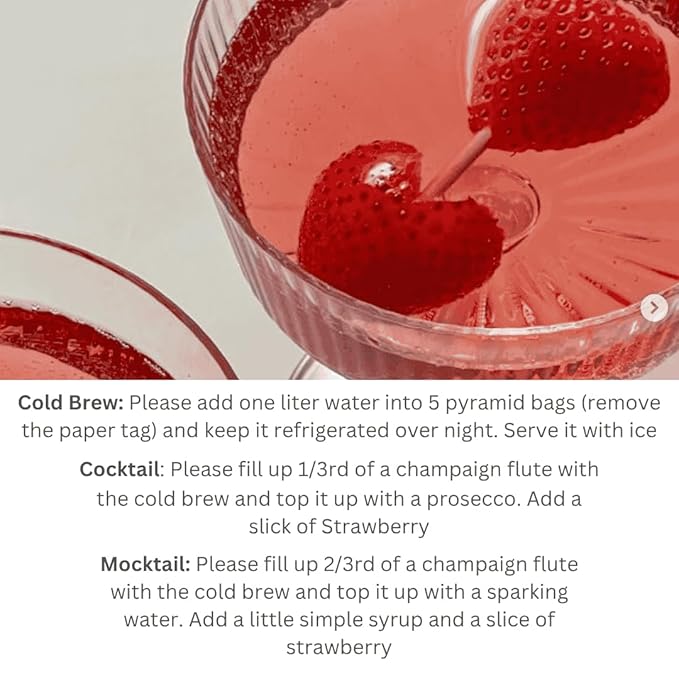 Brook37 Pink Rose Strawberry Eco Herbal Tea - Luxury Caffeine-Free Floral Blend with Hibiscus, Rose, Strawberry & Elderberry | Cold Brew or Mocktail | 20 Biodegradable Pyramid Bags | Elegant Gift for Tea Lovers