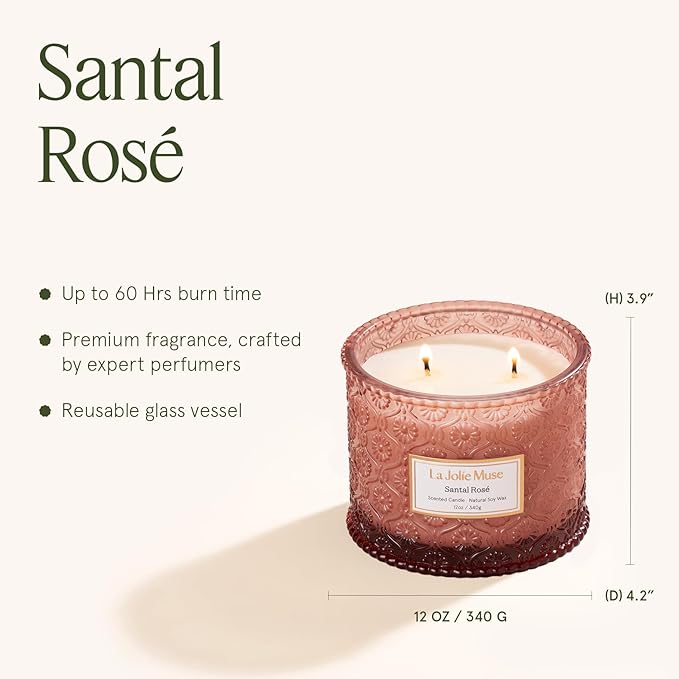 LA JOLIE MUSE Santal Rosé Candle - Saffron, Rose, Patchouli | 12 oz Large 2-Wick Soy Wax Candle | 60 Hours Clean Burn | Gift-Ready for Hosts & Gatherings | Elegant Home Décor