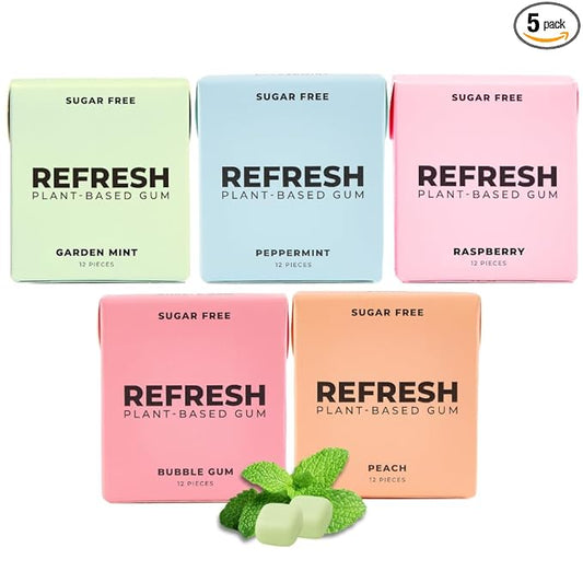 Refresh Gum, Xylitol, Natural, Sugar Free, Chewing Gum, Plastic Free, Natural Flavors & Organic Ingredients, Non GMO, Gluten Free, Vegan, 12 Count (Pack of 5), Sampler Pack