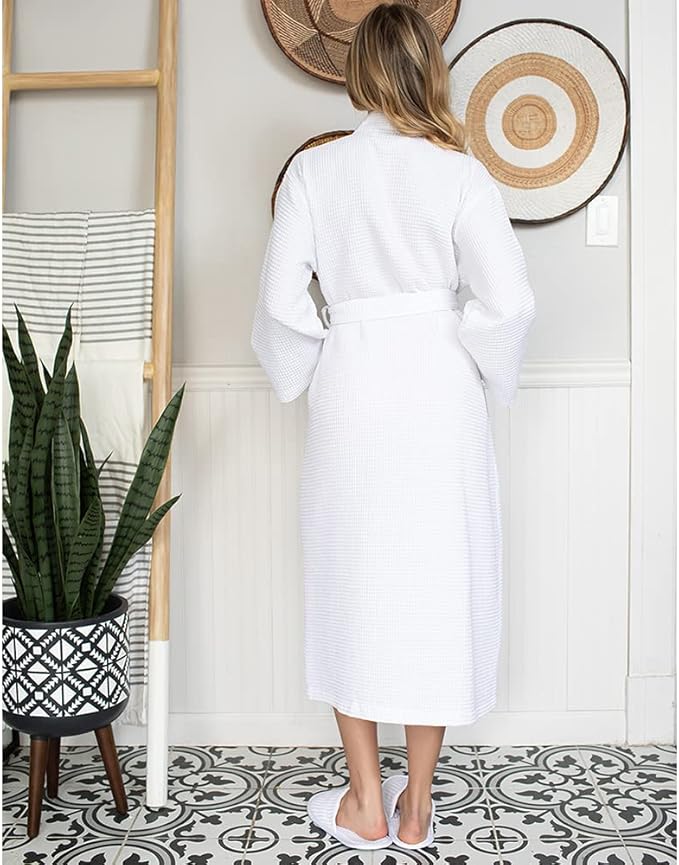 Lotus Linen Waffle Robes for Women - Lightweight Cotton Kimono Bathrobe - Long Soft Spa Bath Robe