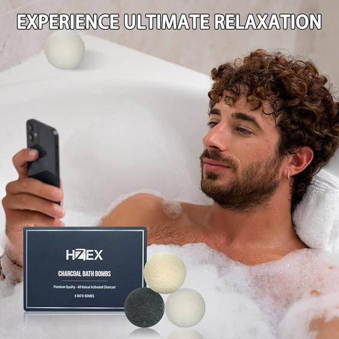 Charcoal Bath Bombs Gift Set – 6 Piece Natural Spa Fizzies with Essential Oils – Handmade Organic Moisturizing Vegan Bath Bombs for Relaxation, Detox, Stress Relief – Gifts for Men & Women