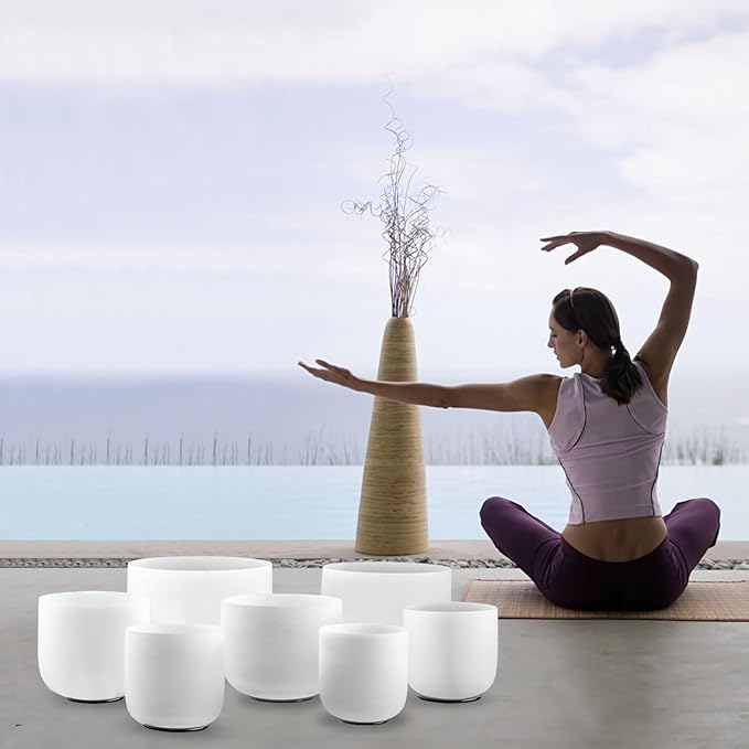 KRESEC 440Hz 7-12 Inch Crystal Singing Bowls Set of 7 – Chakra Tuned Quartz Sound Bowls for Meditation, Yoga & Reiki with Padded Cases, Suede Mallets & Silicone O-Rings