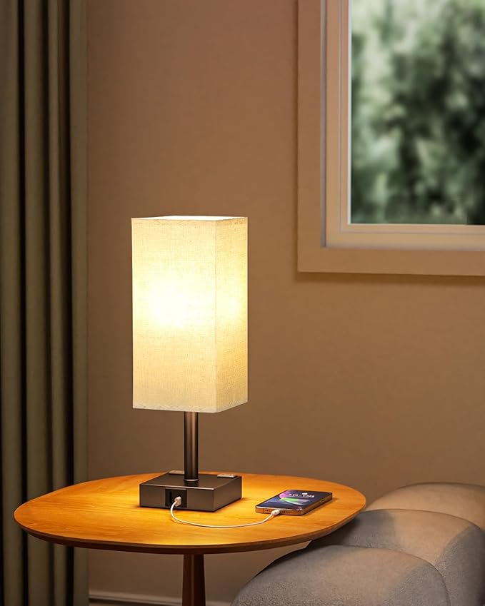 Brown Touch Table Lamp - Bedside Lamp with USB A + Type C Charging Ports and Two AC Outlets, Small Night Stand with E26 LED Bulb, Desk Light for Bedroom Living Room Office Dorm