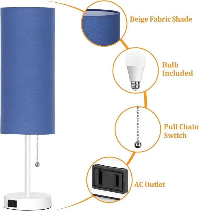 Dott Arts 18" Table Lamp for Bedroom, 3-Color Bedside Lamps with Pull Chain, Bedroom Table Lamps for Nightstand,AC Outlet Small Lamp for Living Room, Bulb Included Blue