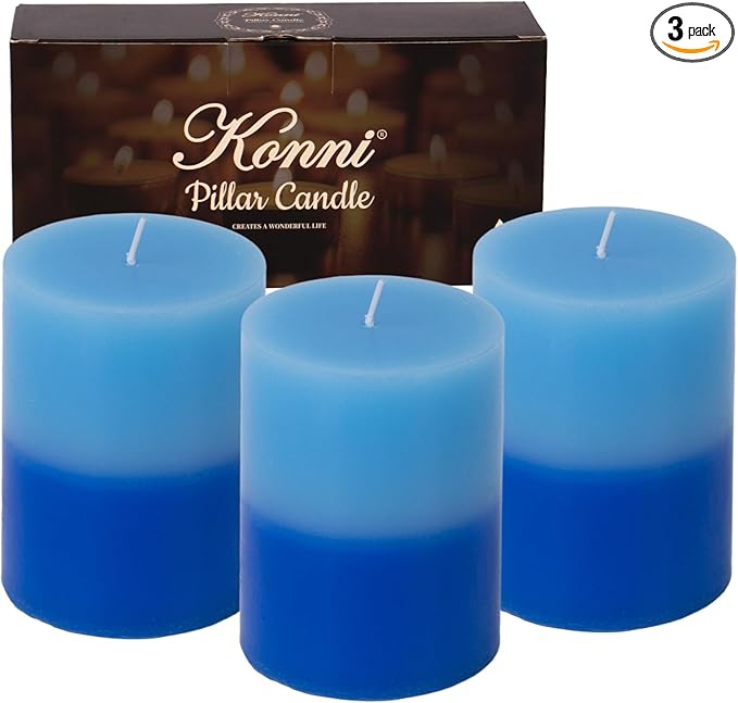 KONNI Blue Layered Pillar Candles Set of 3, 3"x 4" Unscented Pillar Candles Bulk, 39 Hours Long Burning Candles, Smokeless&Dripless Large Round Candle for Wedding, Home Decoration, Parties, Dinner