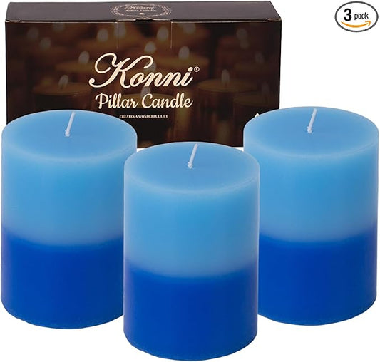 KONNI Blue Layered Pillar Candles Set of 3, 3"x 4" Unscented Pillar Candles Bulk, 39 Hours Long Burning Candles, Smokeless&Dripless Large Round Candle for Wedding, Home Decoration, Parties, Dinner