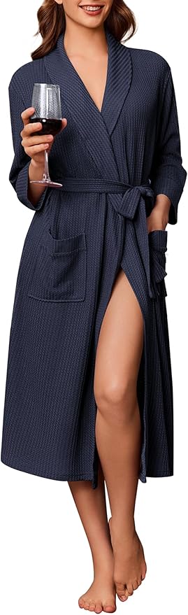 Ekouaer Robes for Women Long Waffle Knit Bathrobe Lightweight Kimono Robe Soft Shawl Collar Spa Robes with Pockets S-XXL
