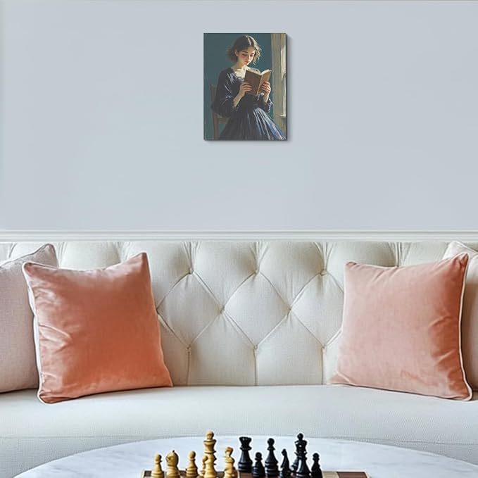 Classical Reading Woman Portrait Wall Art, Renaissance Style Vintage Oil Painting Canvas Framed Prints Decor, Retro Poster for Library Bedroom Book Shelf Living Room Entryway Aesthetic.